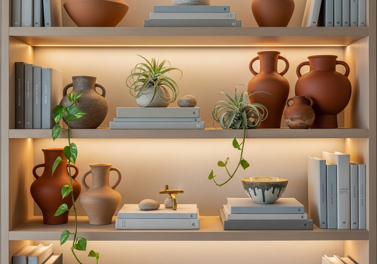 Детали декора — стилизованная полка с керамикой и растениями